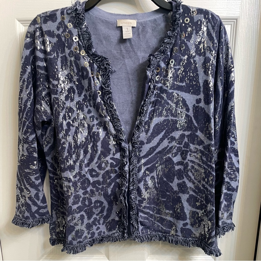 Chico's Blue & Silver Knit Sweater with Fringe
